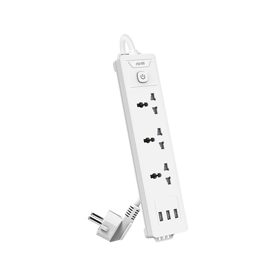 Rum وصلة كهرباء يونيفيرسال ثلاثية مع 3 مداخل USB مع كبسة باور 1.5  متر